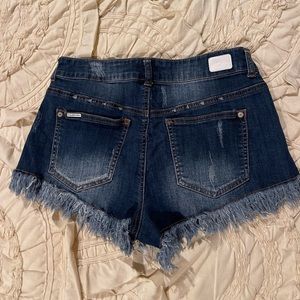 Frayed, Dark-Wash, Denim Shorts